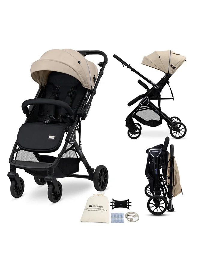 نيوبريز Neobreez QUINT Reversible Handle Lightweight Compact Travel Stroller, Foldable Baby Stroller, Pushchair, Toddler Baby Trolley, Waterproof UPF 50+Canopy,0-4yrs,22kg-Beige